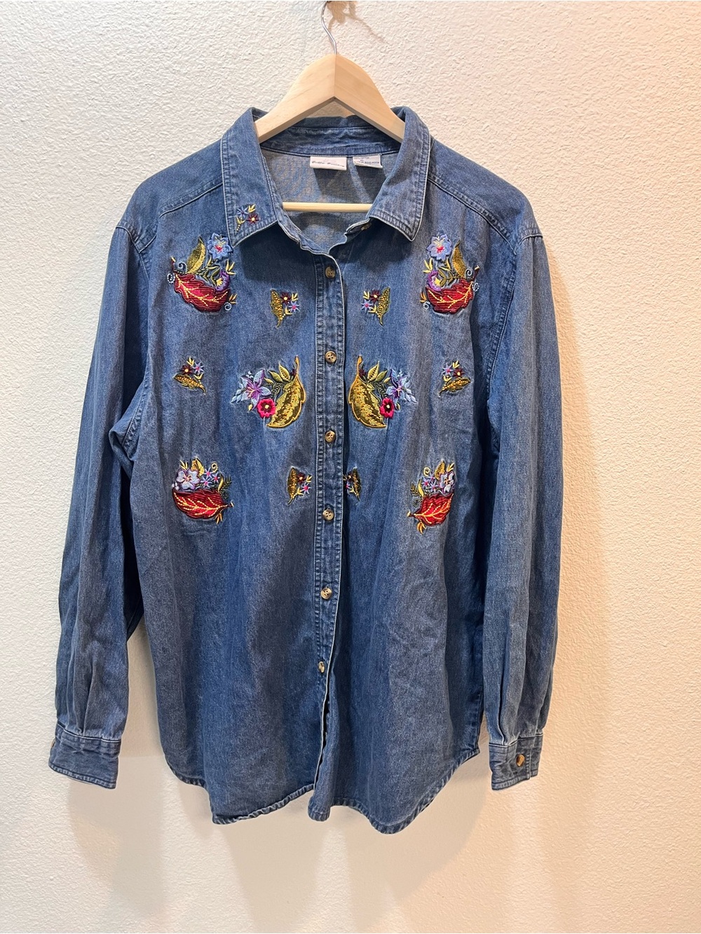 Bobbie Brooks Denim Button-Down Shirt with Colorful Floral Embroidery
